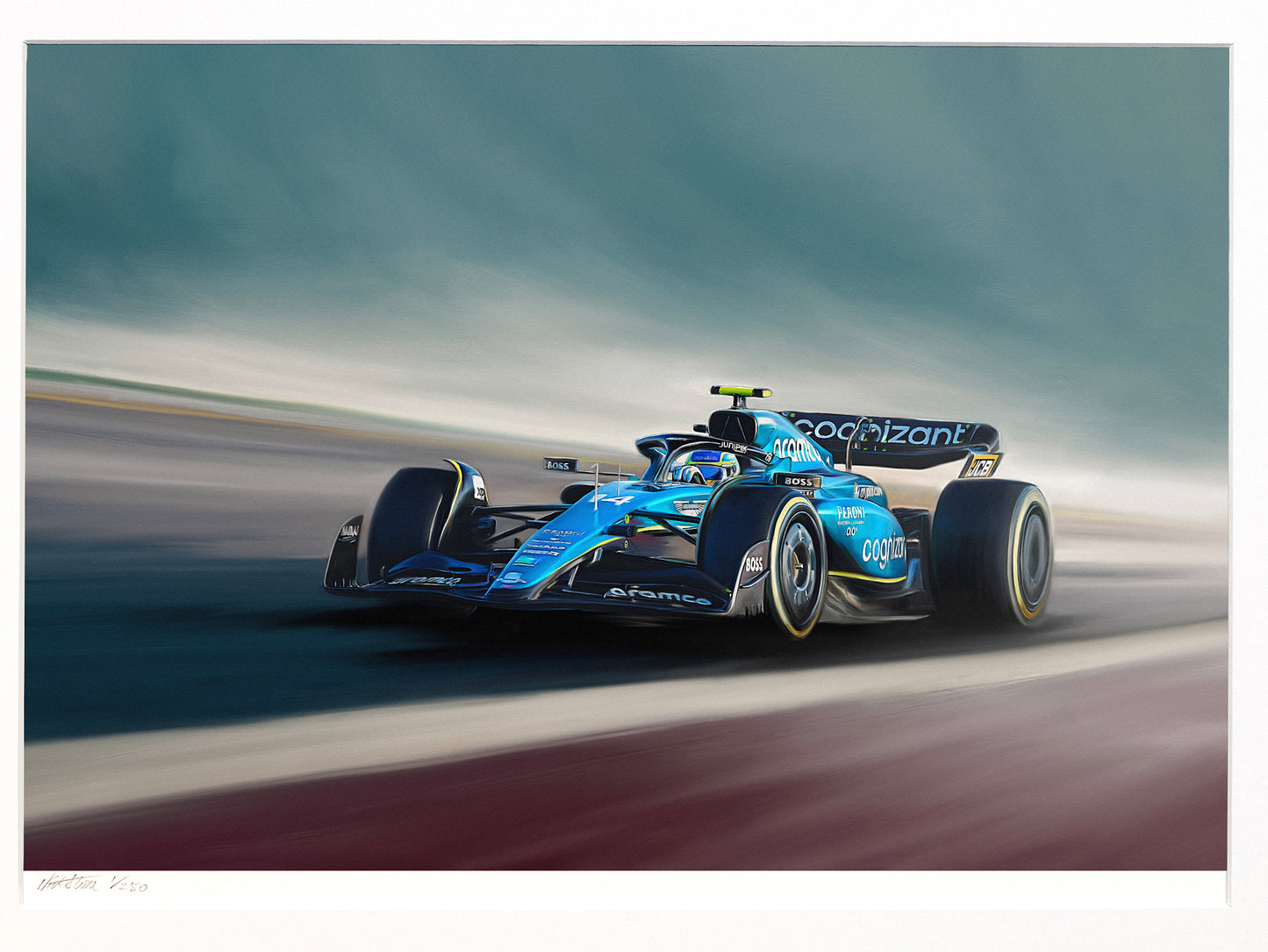A painting of the Aston Martin 2023 F1 car.