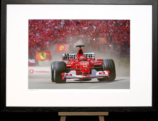 A painting of Michael Schumacher in the Ferrari F2002 winning the Belgian Grand Prix