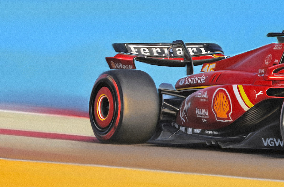 A painting of the Ferrari 2023 F1 car at the Bahrain Grand Prix.