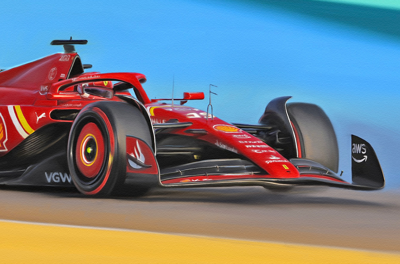 A painting of the Ferrari 2023 F1 car at the Bahrain Grand Prix.
