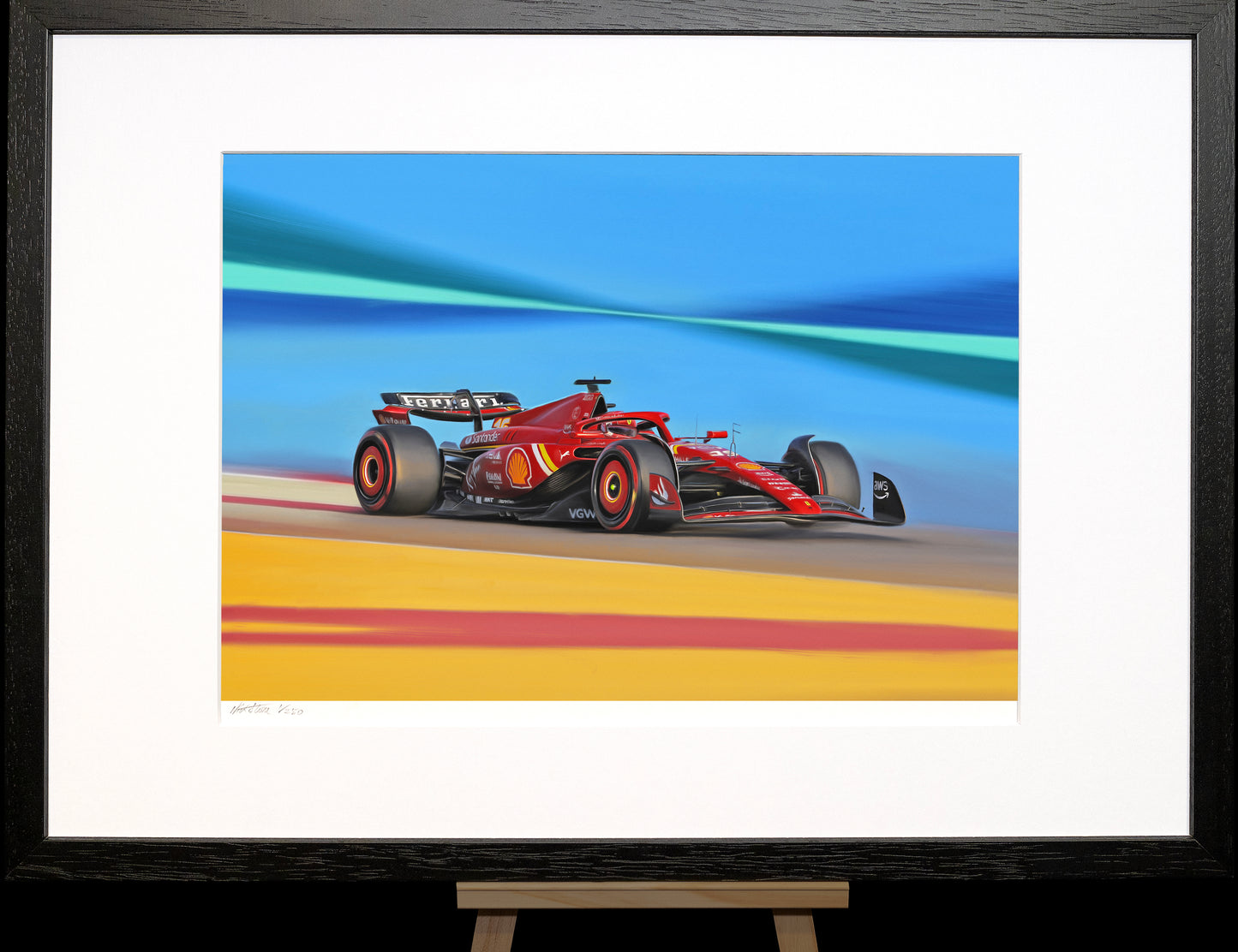 A painting of the Ferrari 2023 F1 car at the Bahrain Grand Prix.