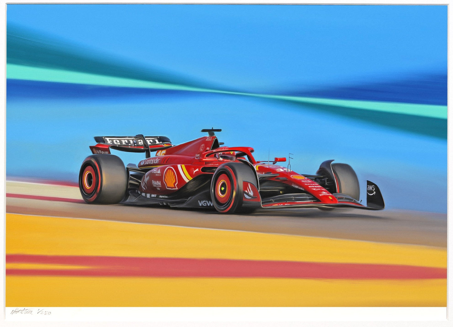 A painting of the Ferrari 2023 F1 car at the Bahrain Grand Prix.