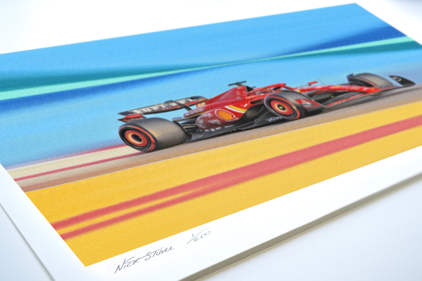 A painting of the Ferrari 2023 F1 car at the Bahrain Grand Prix.