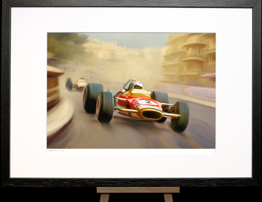 A painting of Graham Hill driving his Lotus racing car at the Monaco Grand Prix.