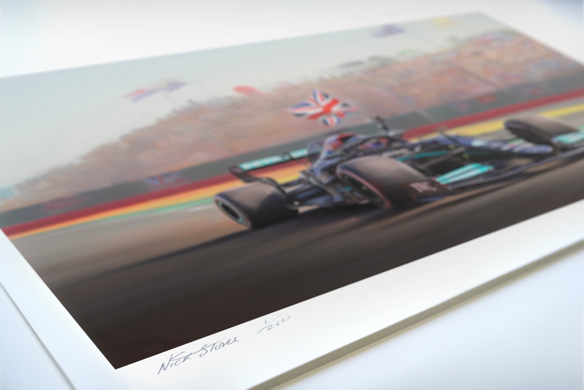 A painting of Lewis Hamilton celebrating victory in the British Grand Prix at Silverstone.