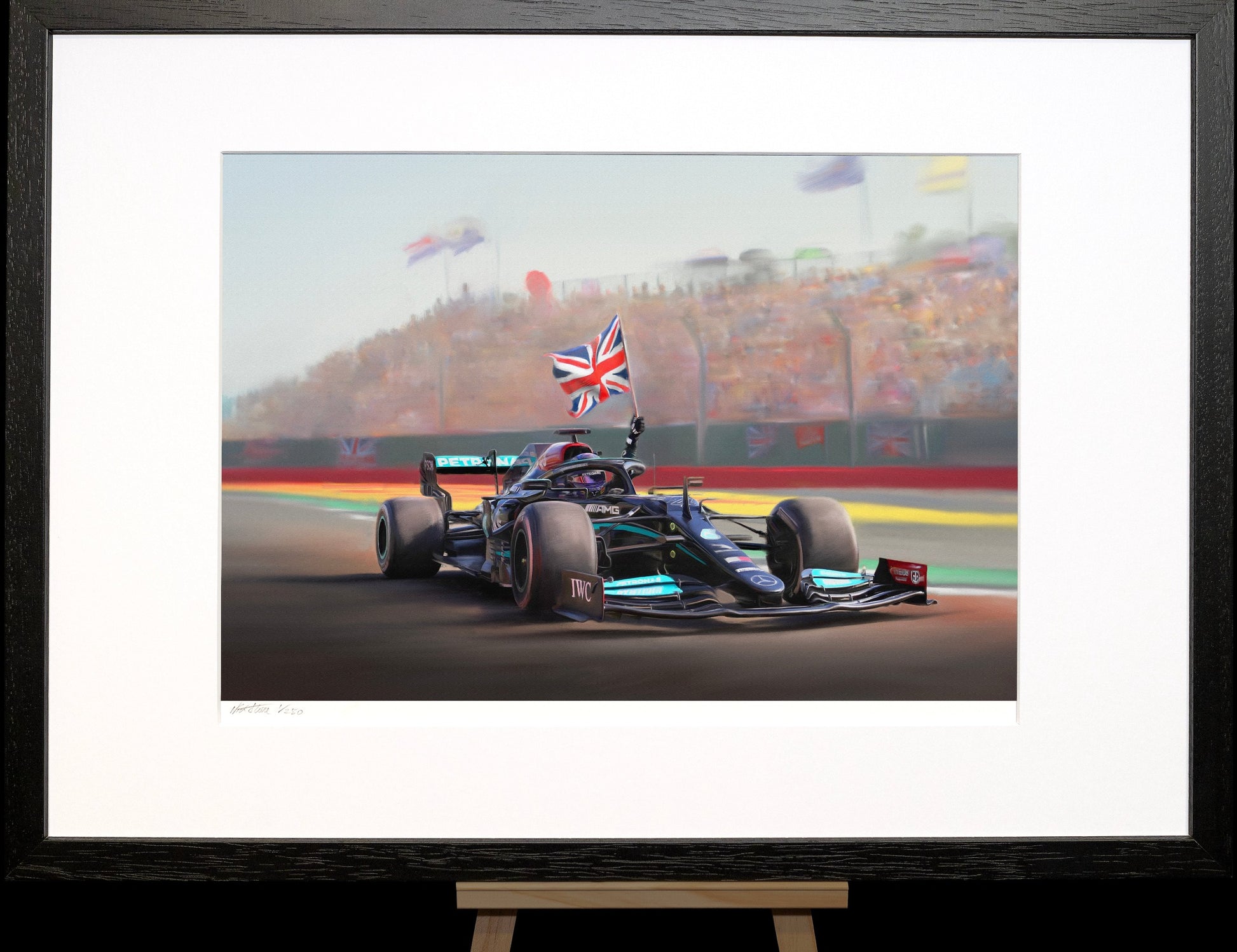 A painting of Lewis Hamilton celebrating victory in the British Grand Prix at Silverstone.