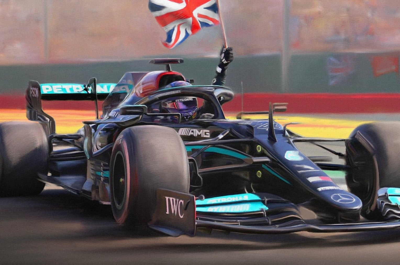 A painting of Lewis Hamilton celebrating victory in the British Grand Prix at Silverstone.