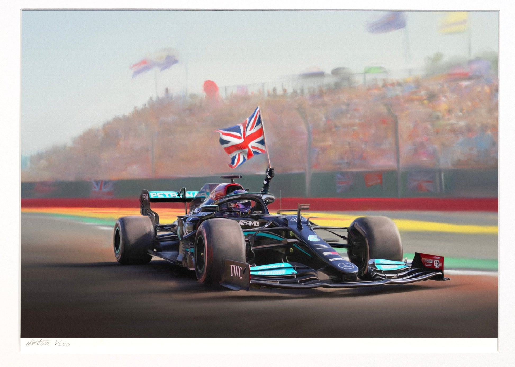 A painting of Lewis Hamilton celebrating victory in the British Grand Prix at Silverstone.