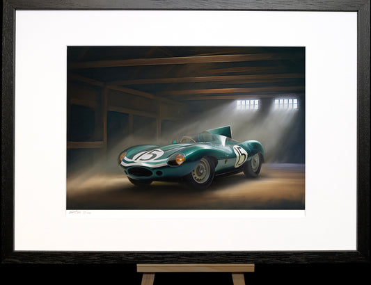 A painting of  a Jaguar D-Type.