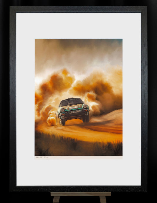 A painting of Ken Block and his Porsche 911.