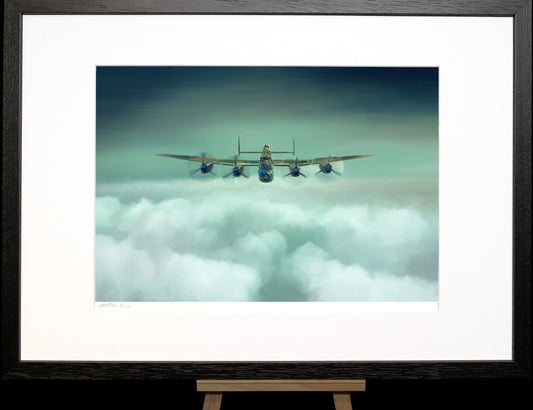 A painting of a WW2 Lancaster Bomber flying above the clouds