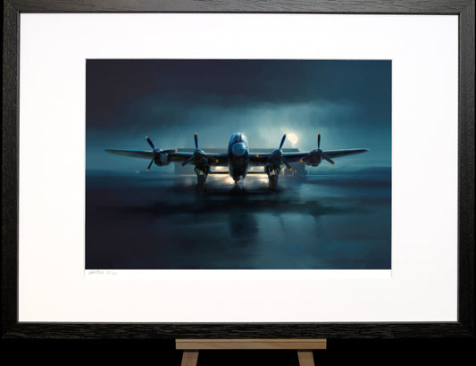 A painting of a Lancaster Bomber on an airfield at night.