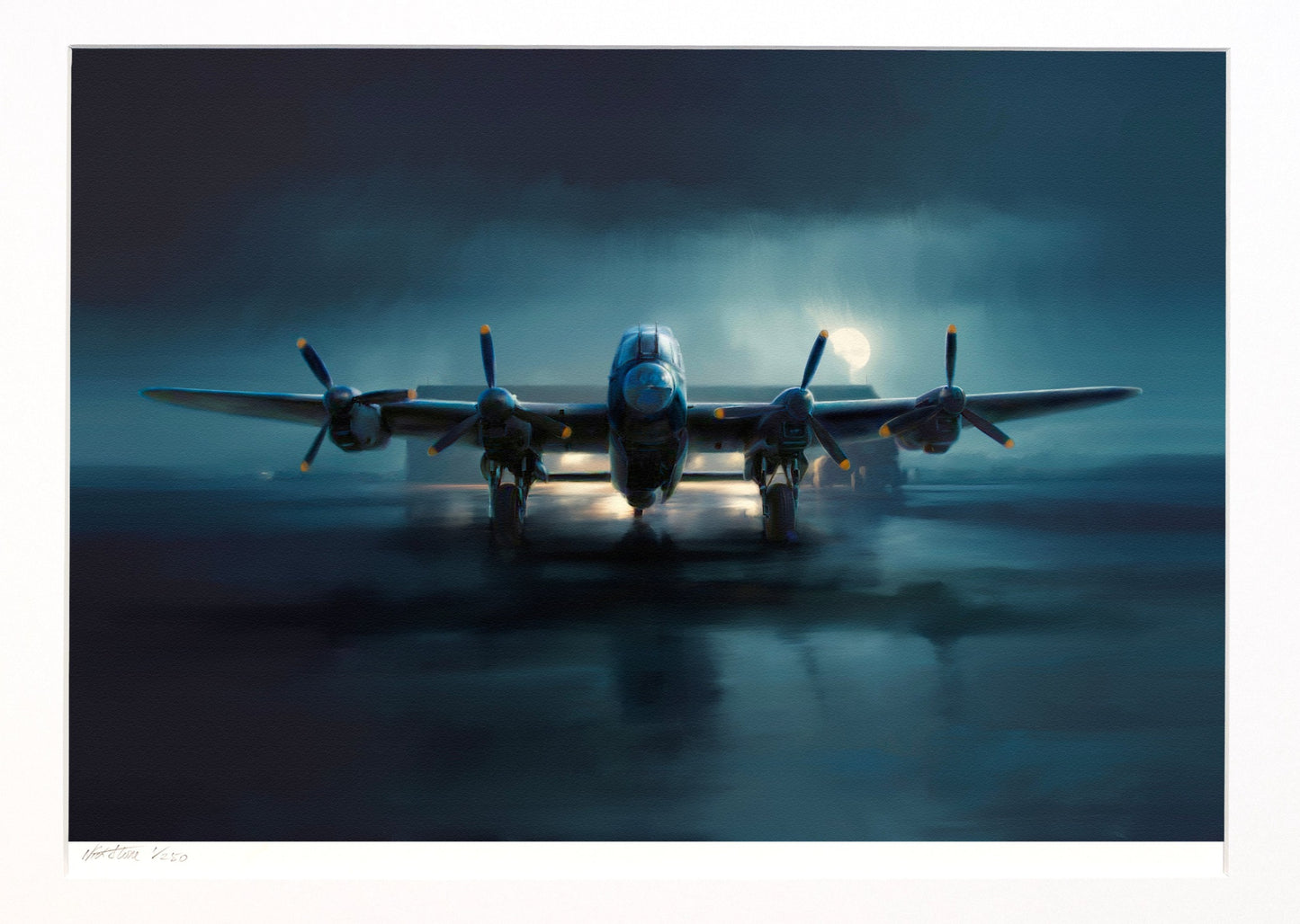 A painting of a Lancaster Bomber on an airfield at night.