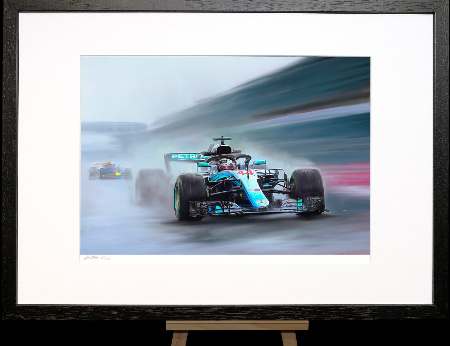 A painting of Lewis Hamilton in the Mercedes AMG F1 car in the rain.