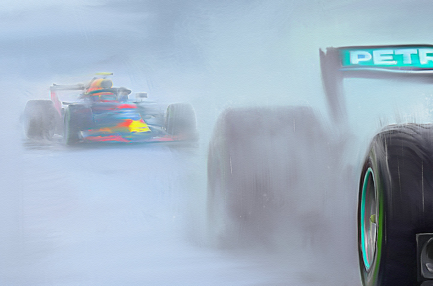 A painting of Lewis Hamilton in the Mercedes AMG F1 car in the rain.