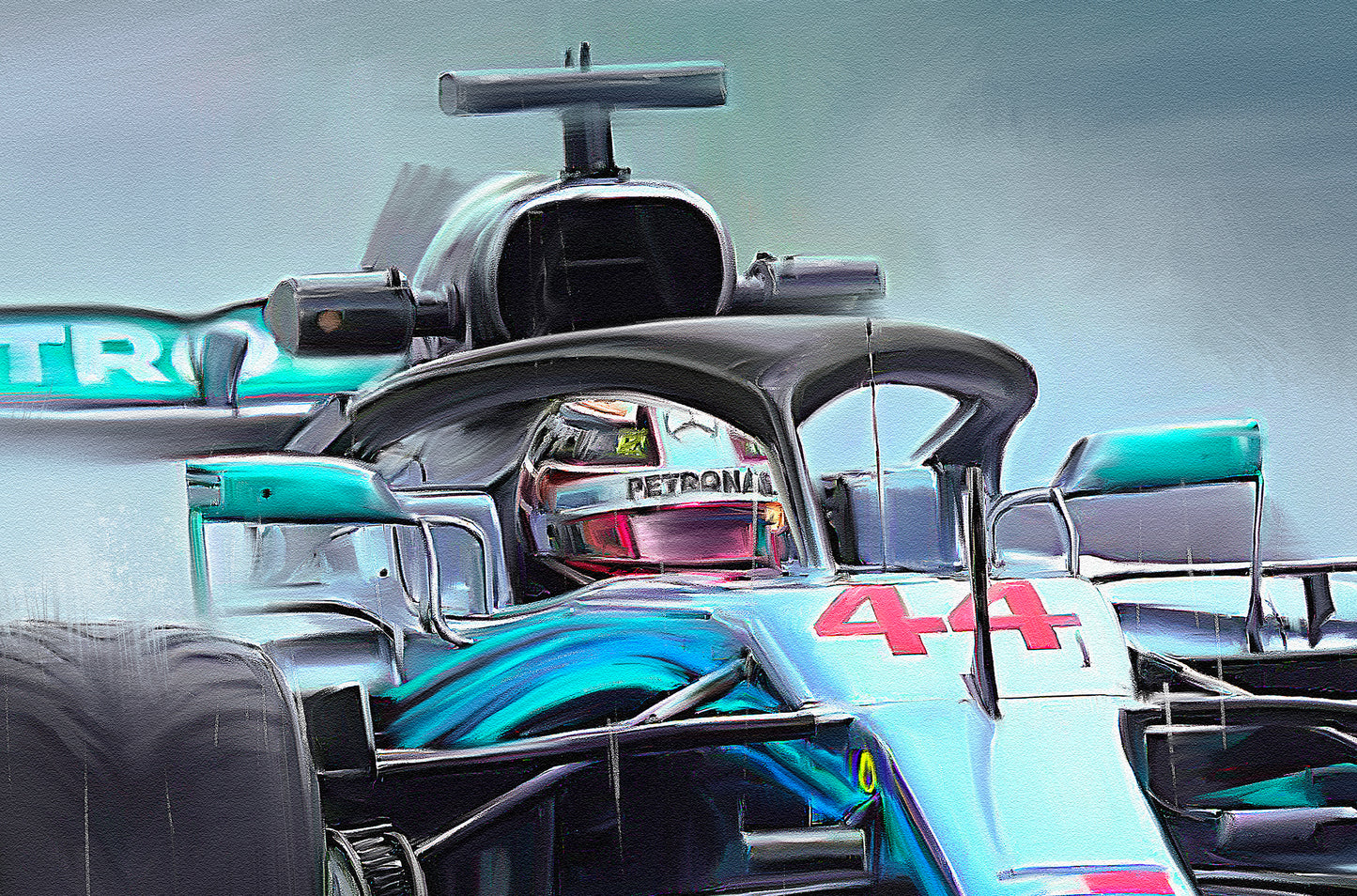A painting of Lewis Hamilton in the Mercedes AMG F1 car in the rain.