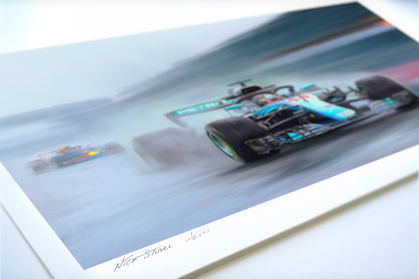 A painting of Lewis Hamilton in the Mercedes AMG F1 car in the rain.