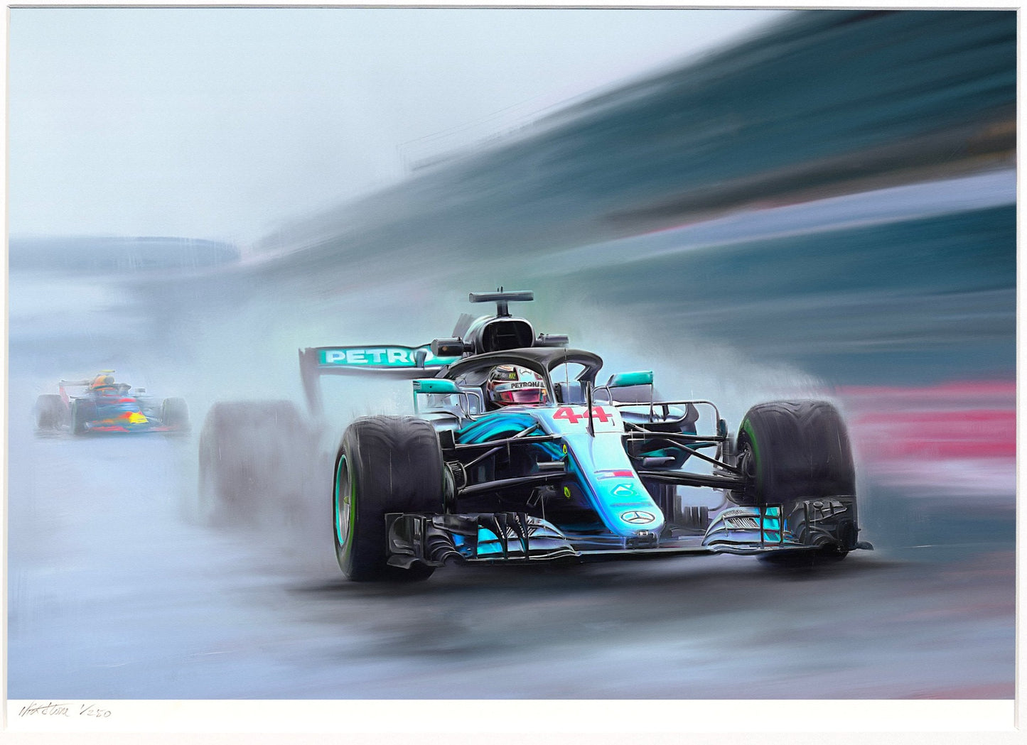 A painting of Lewis Hamilton in the Mercedes AMG F1 car in the rain.