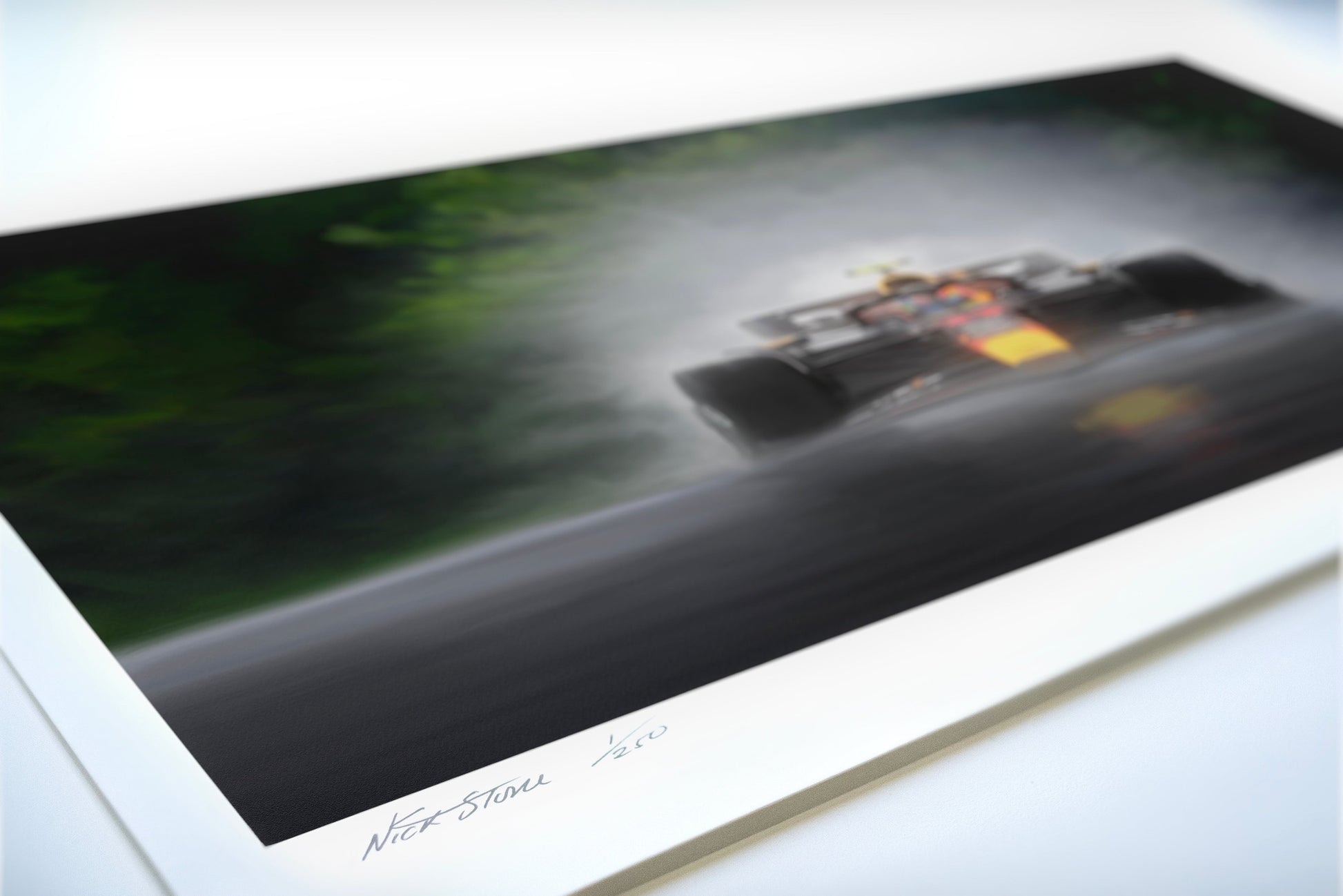 Max Verstappen driving the Red Bull Racing F1 car to victory in the rain in the  Belgian Grand Prix.