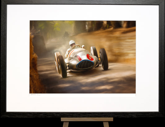 A painting of a Mercedes-Benz W165 classic racing car.