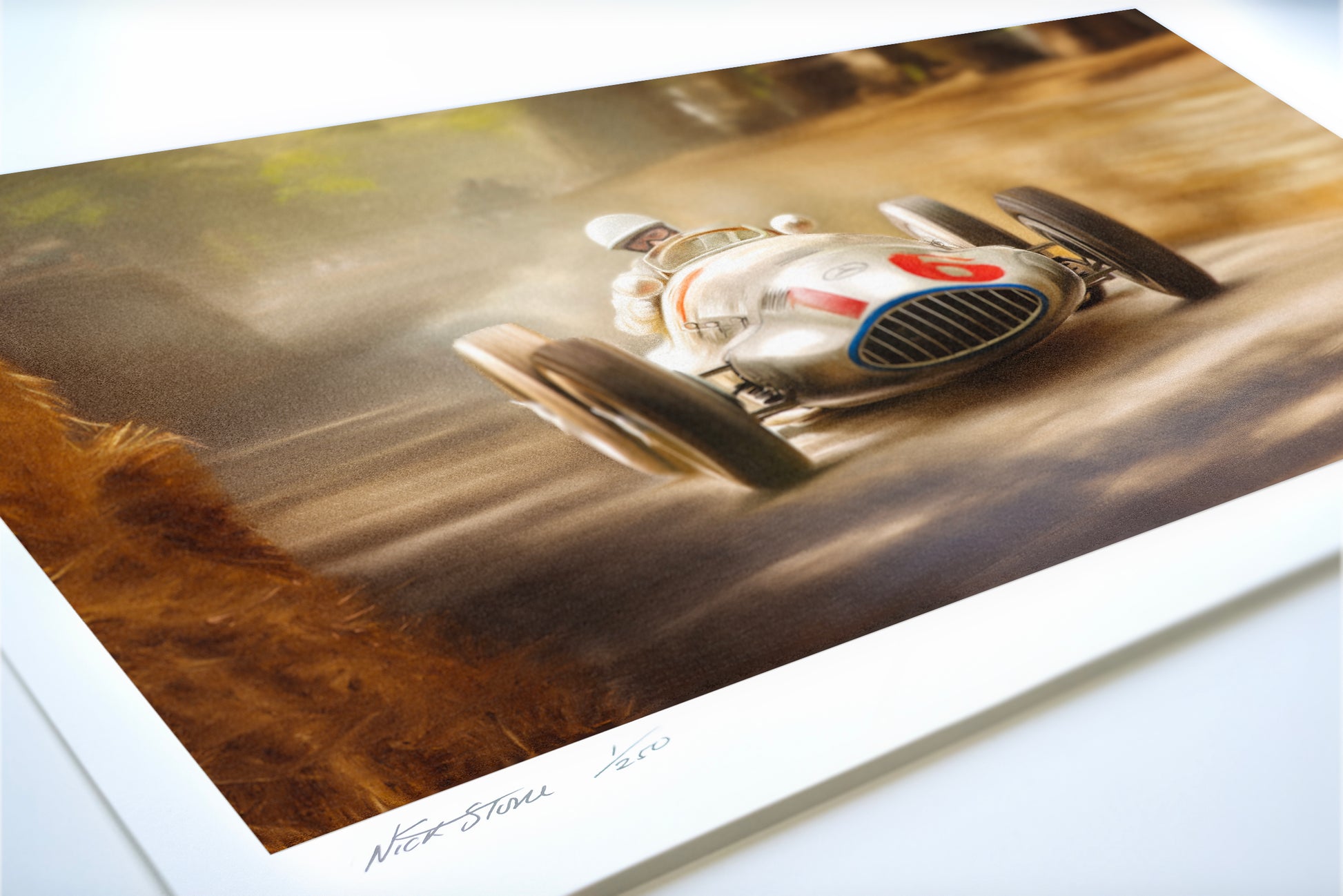 A painting of a Mercedes-Benz W165 classic racing car.