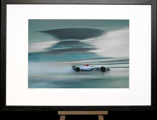 A painting of Lewis Hamilton driving in the rain at the Nurburgring,