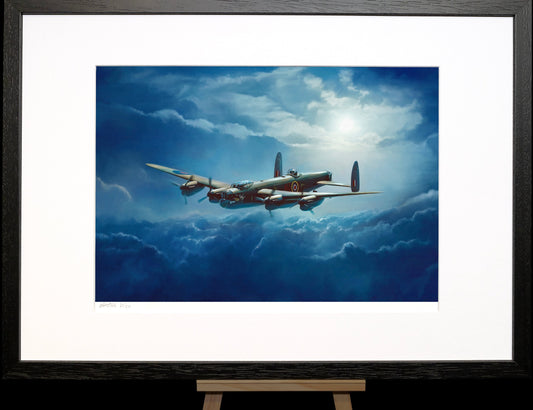 A painting of a Lancaster bomber above the clouds in moonlight.