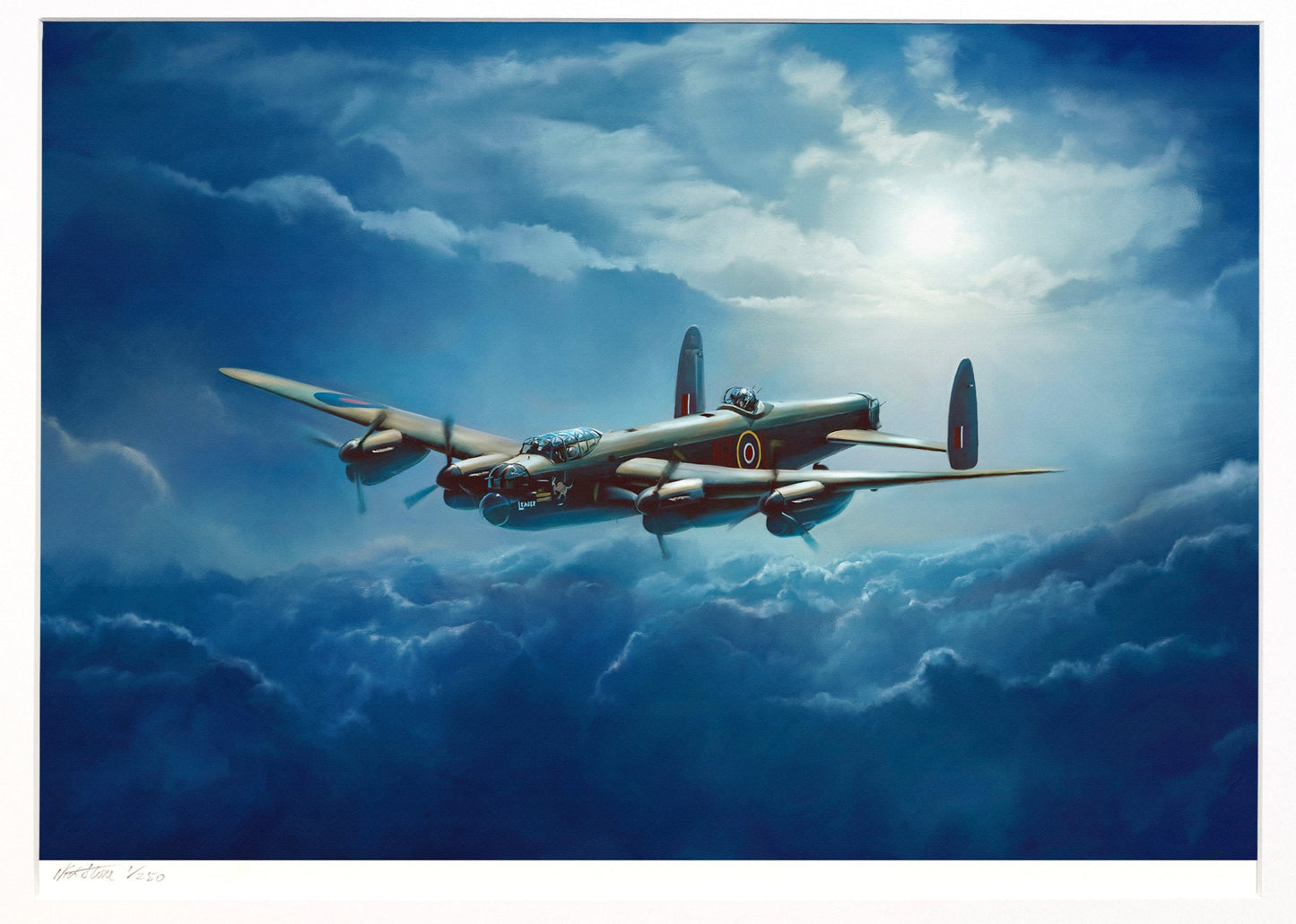 A painting of a Lancaster bomber above the clouds in moonlight.