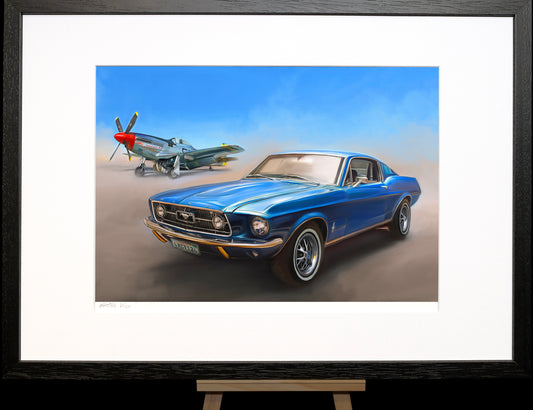 A painting of a Ford Mustang and a P51 Mustang fighter plan.