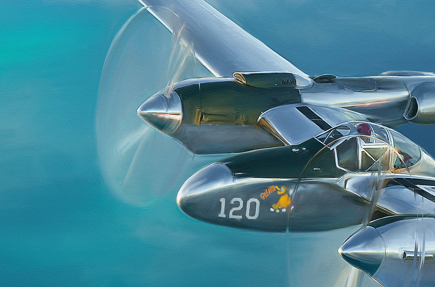 A painting of a P38 Lightning fighter aircraft.
