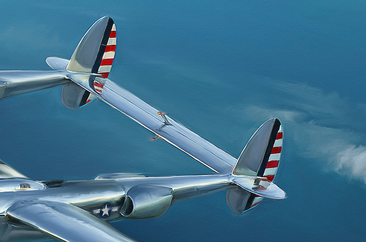 A painting of a P38 Lightning fighter aircraft.