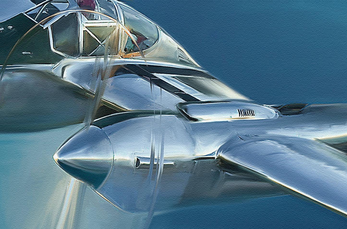 A painting of a P38 Lightning fighter aircraft.