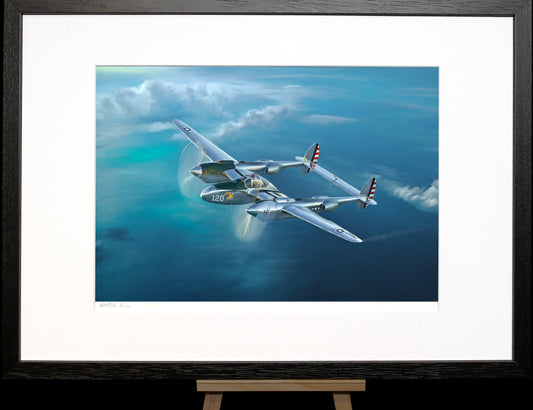 A painting of a P38 Lightning fighter aircraft.