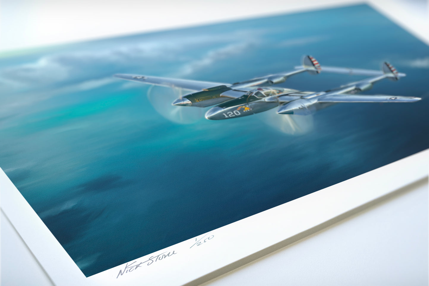 A painting of a P38 Lightning fighter aircraft.