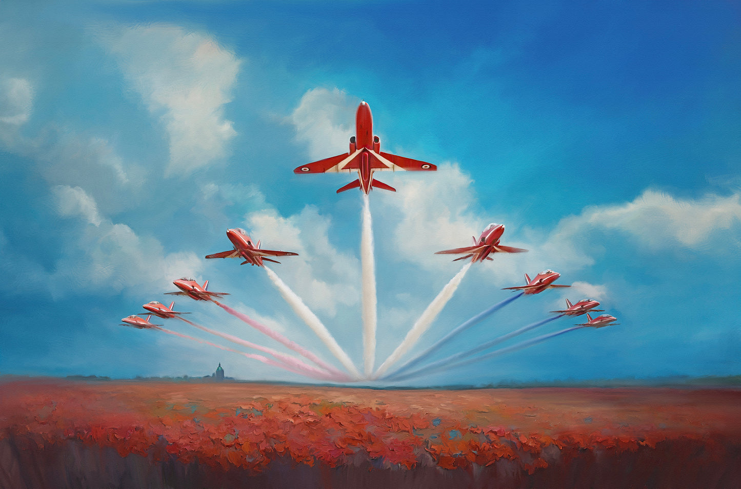 A painting of the Red Arrows