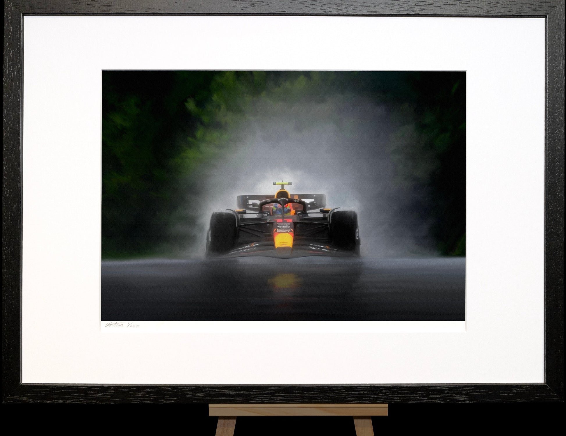Max Verstappen driving the Red Bull Racing F1 car to victory in the rain in the  Belgian Grand Prix.