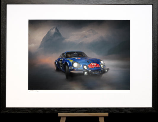 A painting of a Renault Alpine rally car during the mountain stage of the Monte Carlo Rally.