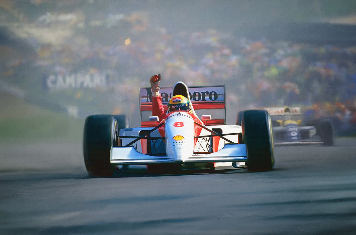 A painting of Ayrton Senna winning at Silverstone in 1988