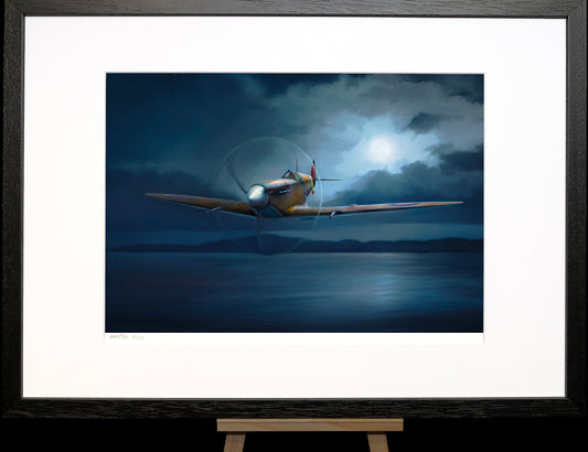 A painting of a Spitfire by moonlight.
