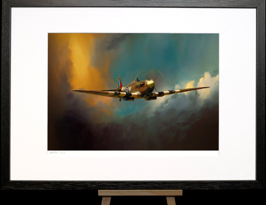 A painting of a Spitfire fighter plane against a blue and orange sky