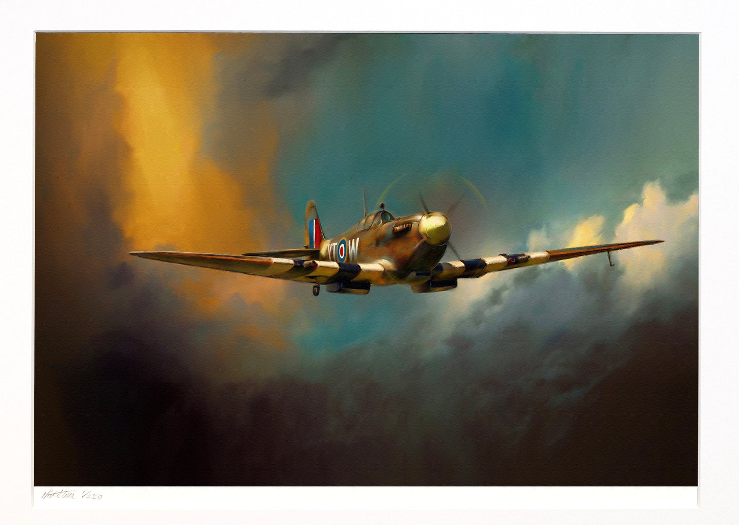 A painting of a Spitfire fighter plane against a blue and orange sky