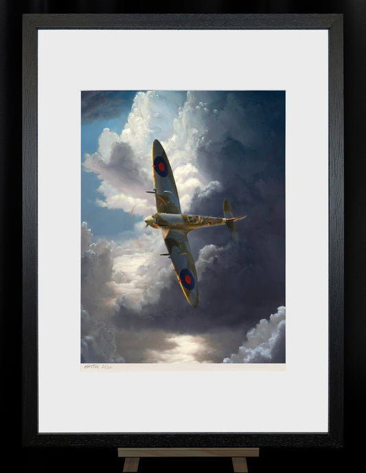 A painting of a Spitfire flying above the clouds.