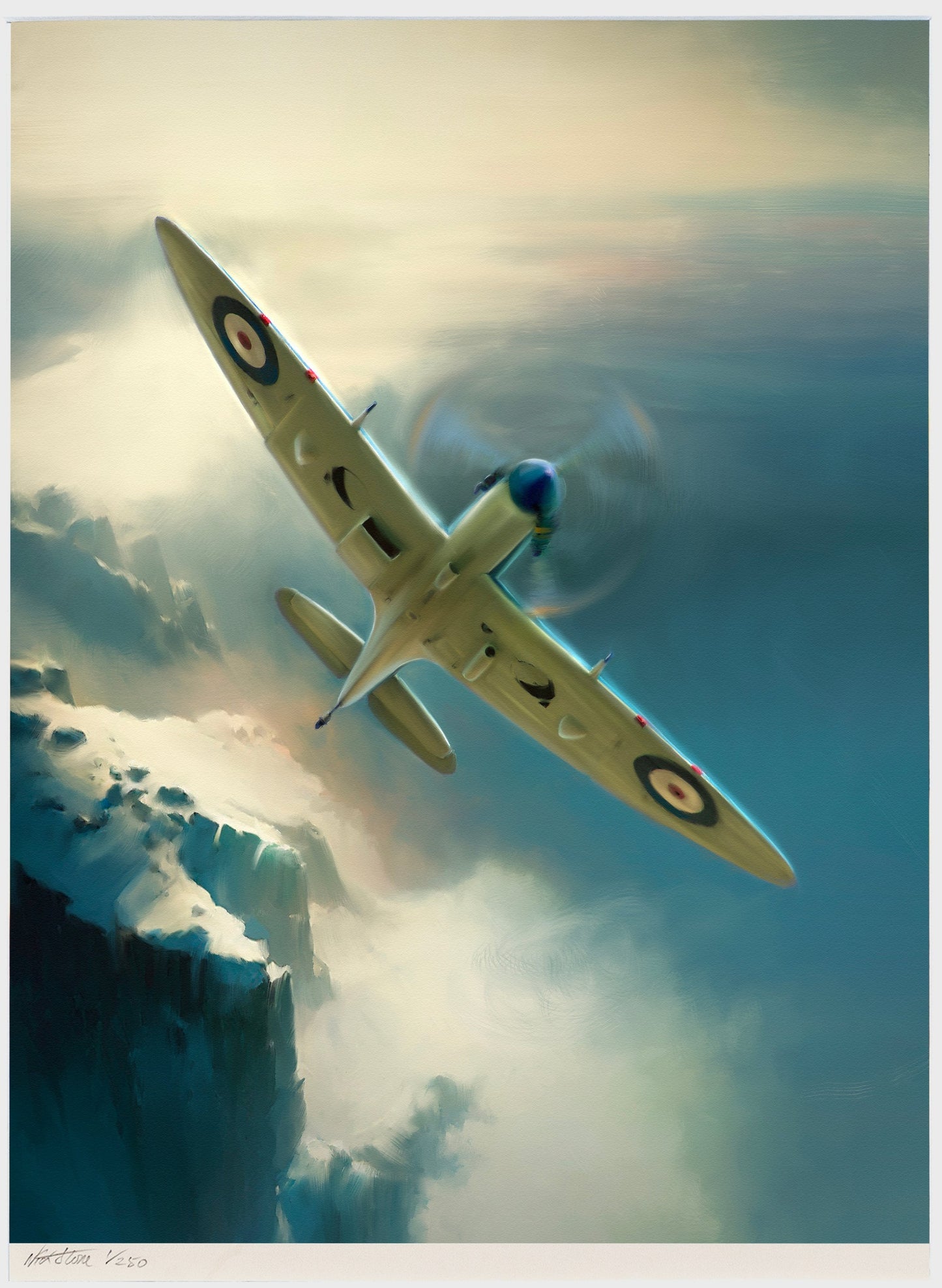 A painting of a spitfire over Norway.