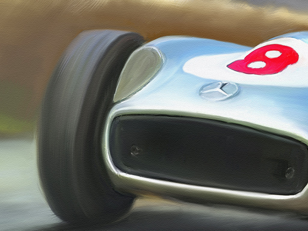 A painting of Stirling Moss driving the Mercedes Silver Arrow.