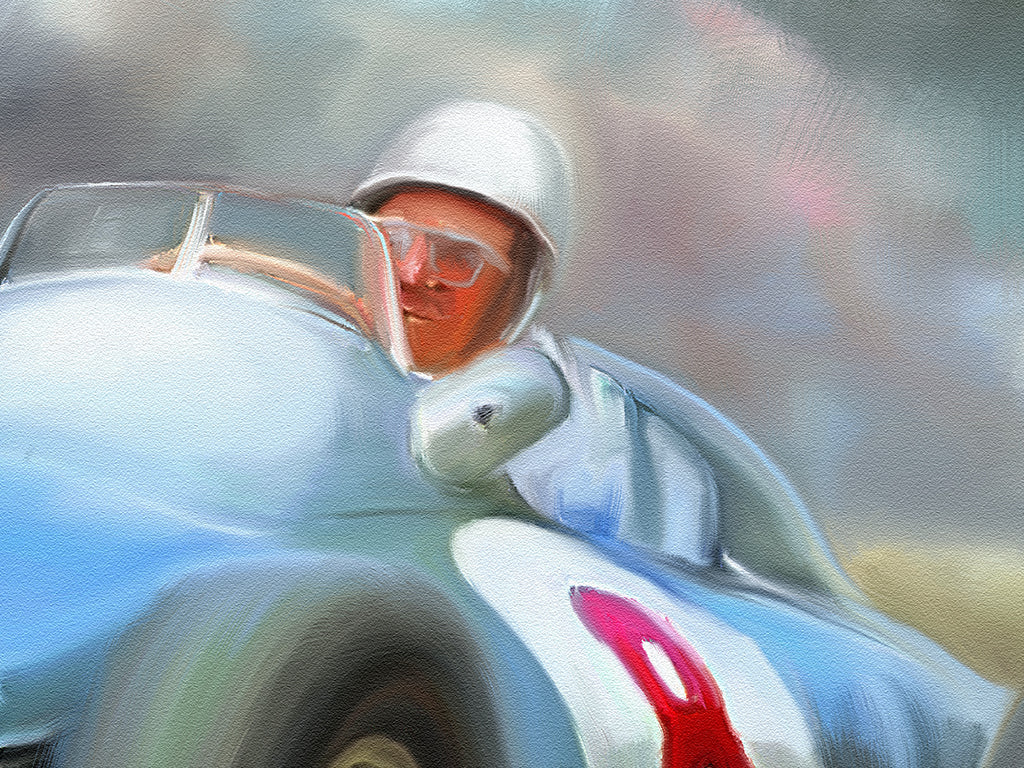 A painting of Stirling Moss driving the Mercedes Silver Arrow.