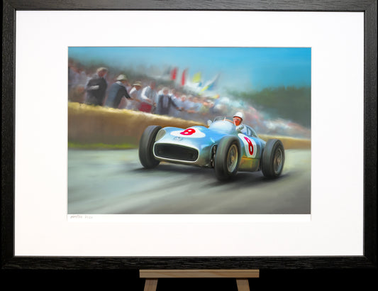 A painting of Stirling Moss driving the Mercedes Silver Arrow.