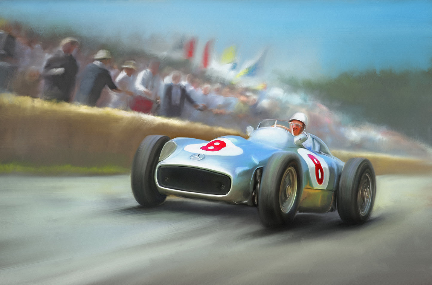 A painting of Stirling Moss driving the Mercedes Silver Arrow.