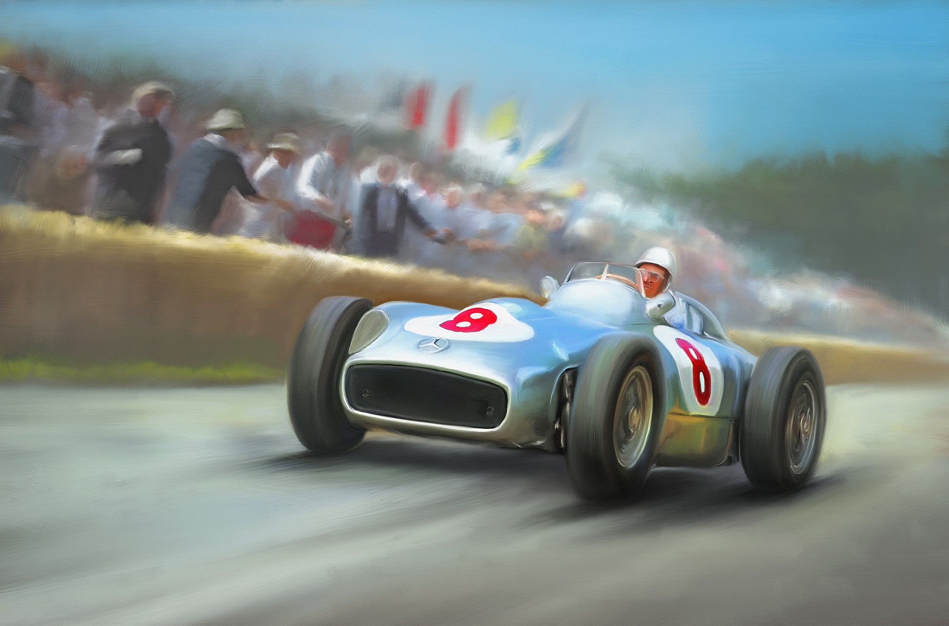 A painting of Stirling Moss driving the Mercedes Silver Arrow.