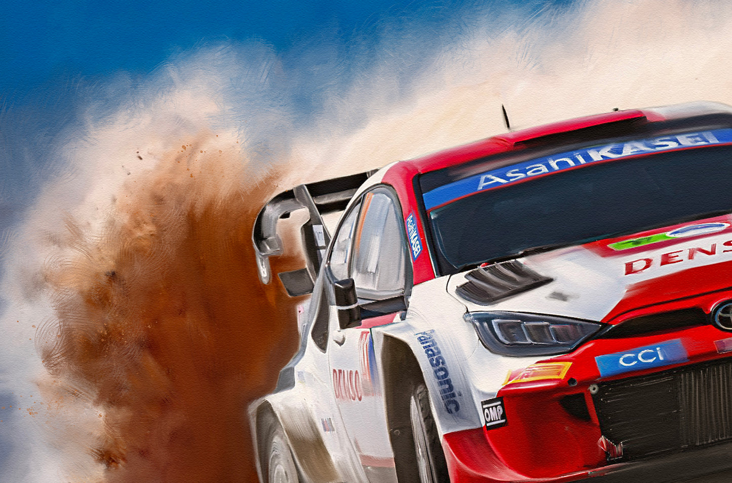 A painting of a Toyota yaris GR1 rally car.