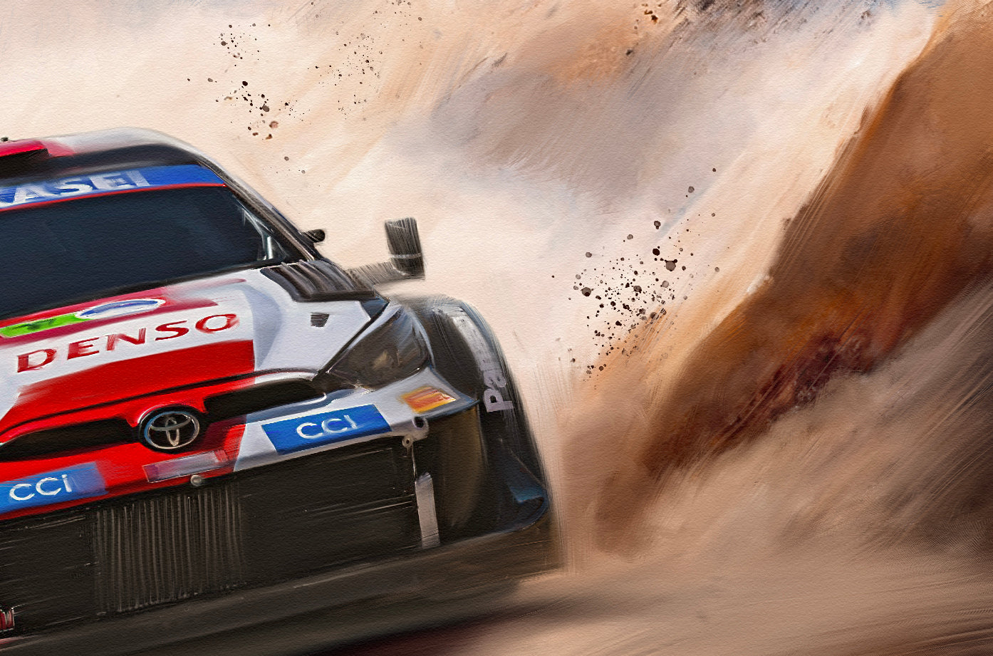A painting of a Toyota yaris GR1 rally car.